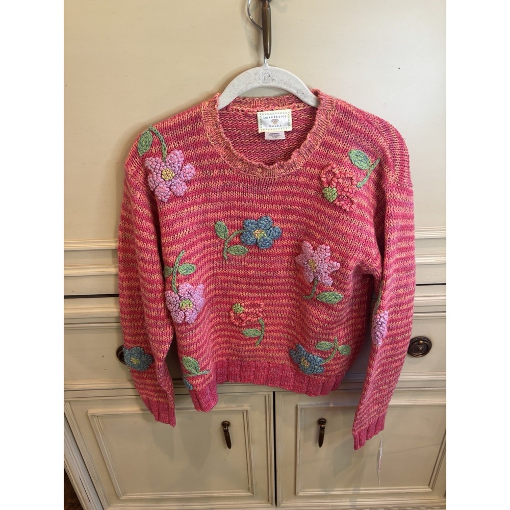 Susan Bristol NWT Embroidered Pink Orange Floral Sweater Small Cotton Striped